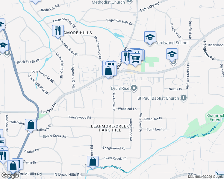 map of restaurants, bars, coffee shops, grocery stores, and more near 2330 Oakshire Court in Decatur