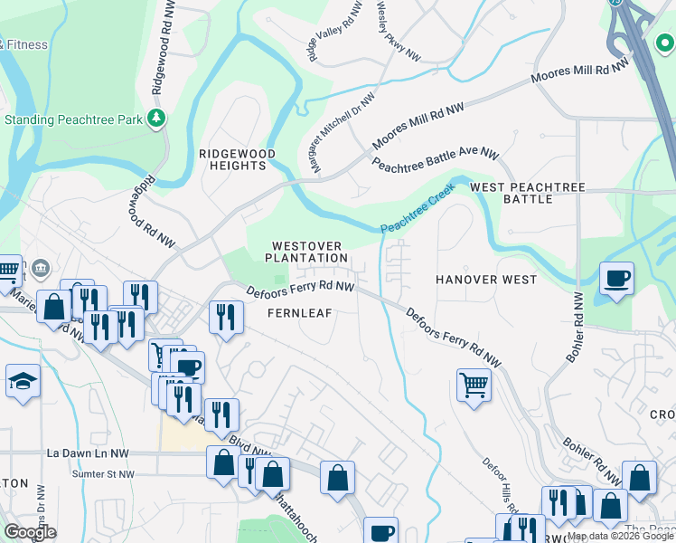 map of restaurants, bars, coffee shops, grocery stores, and more near 8 Scotland Place Northwest in Atlanta