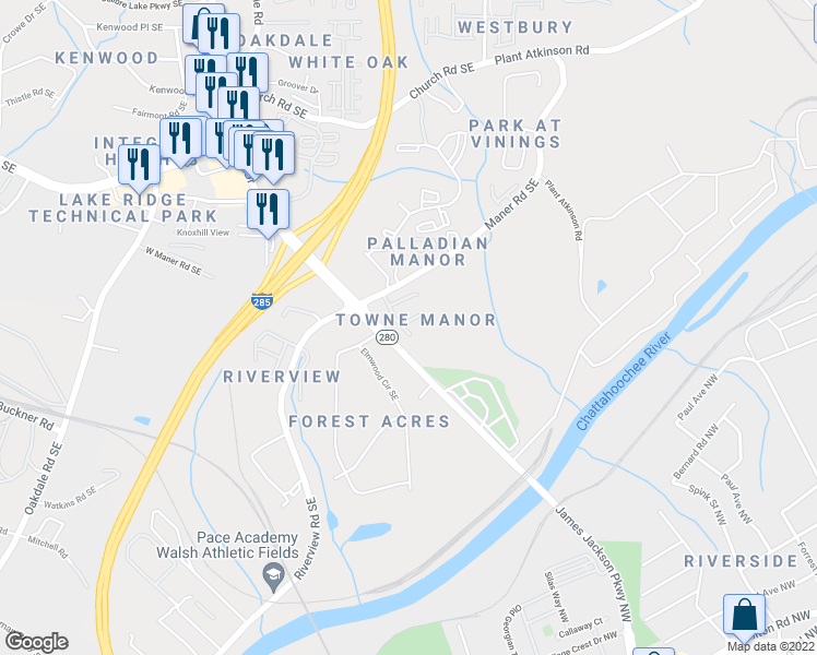 map of restaurants, bars, coffee shops, grocery stores, and more near 5145 Manerdale Drive Southeast in Atlanta