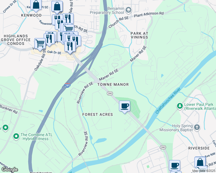 map of restaurants, bars, coffee shops, grocery stores, and more near 2304 Towneheights Terrace Southeast in Atlanta