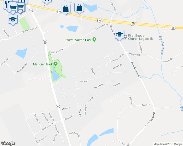 map of restaurants, bars, coffee shops, grocery stores, and more near 604 Peach Place in Loganville