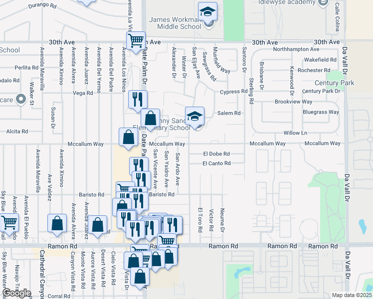 map of restaurants, bars, coffee shops, grocery stores, and more near 31055 San Eljay Avenue in Cathedral City
