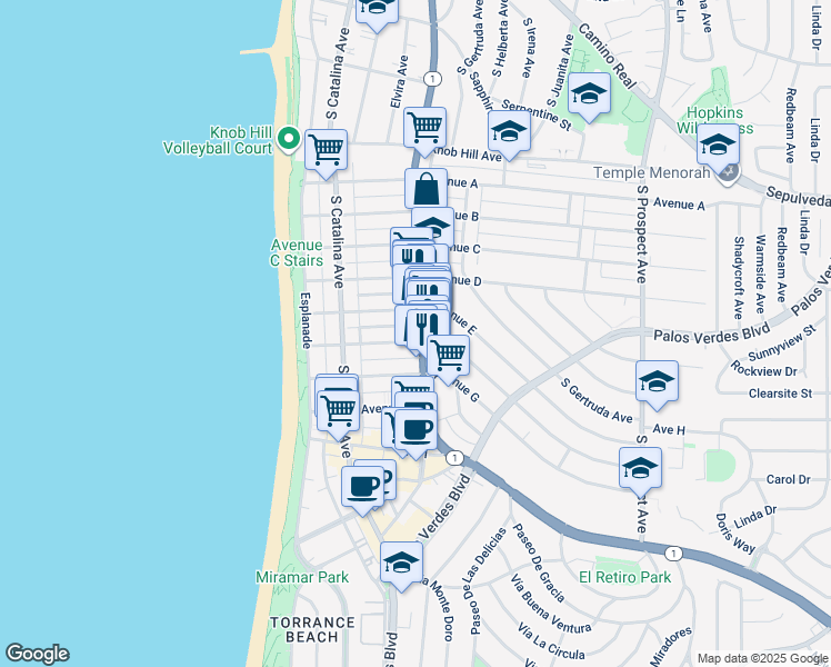 map of restaurants, bars, coffee shops, grocery stores, and more near 230 Avenue E in Redondo Beach