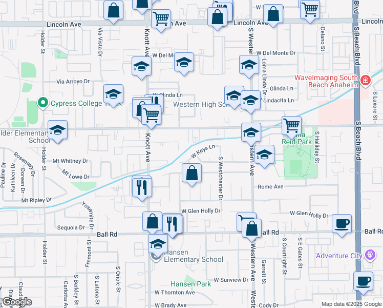map of restaurants, bars, coffee shops, grocery stores, and more near 3351 West Keys Lane in Anaheim