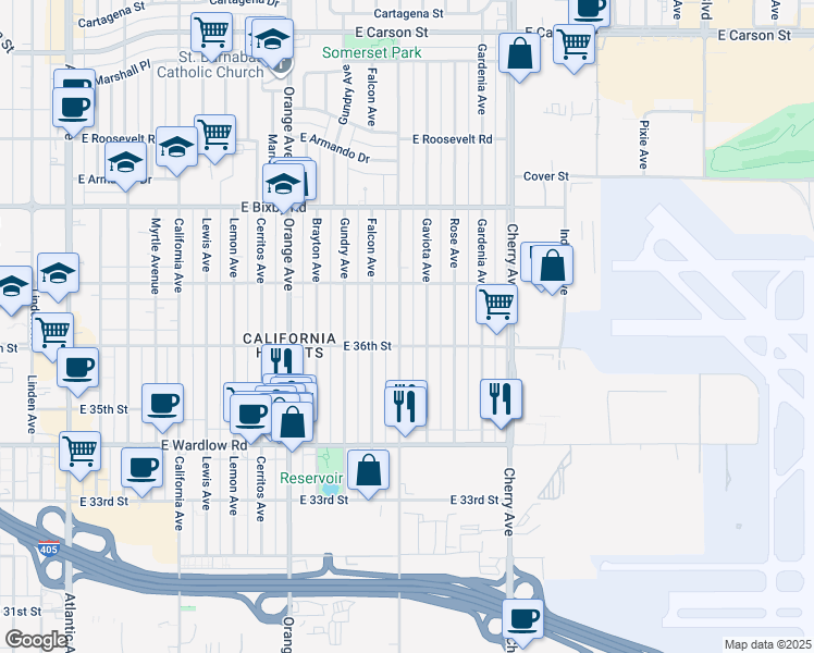 map of restaurants, bars, coffee shops, grocery stores, and more near 3618 Walnut Avenue in Long Beach