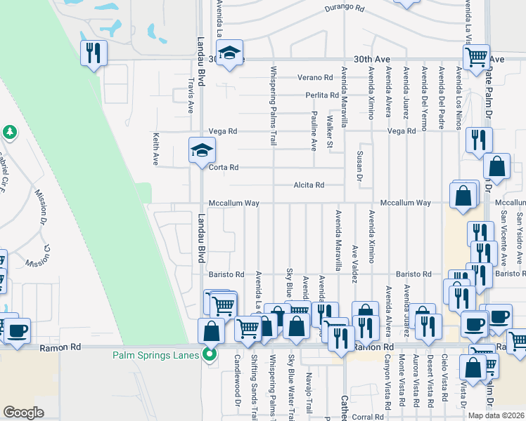 map of restaurants, bars, coffee shops, grocery stores, and more near 68236 Mccallum Way in Cathedral City