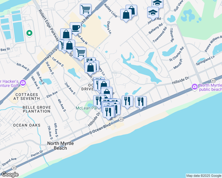 map of restaurants, bars, coffee shops, grocery stores, and more near 587 North Hillside Drive in North Myrtle Beach