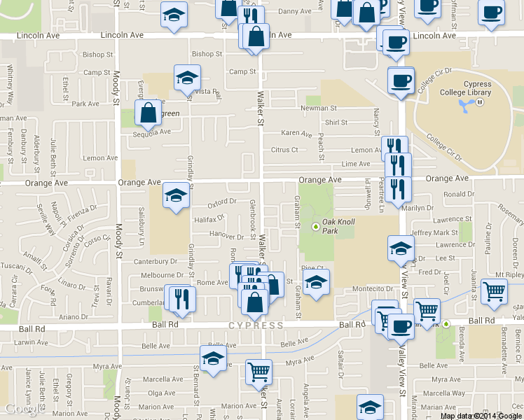 map of restaurants, bars, coffee shops, grocery stores, and more near 9542 Walker Street in Cypress