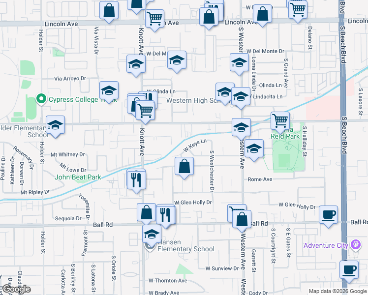 map of restaurants, bars, coffee shops, grocery stores, and more near 3351 West Keys Lane in Anaheim