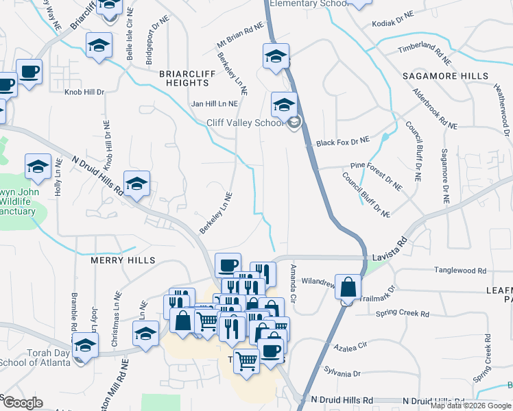 map of restaurants, bars, coffee shops, grocery stores, and more near 1464 Fama Drive Northeast in Atlanta