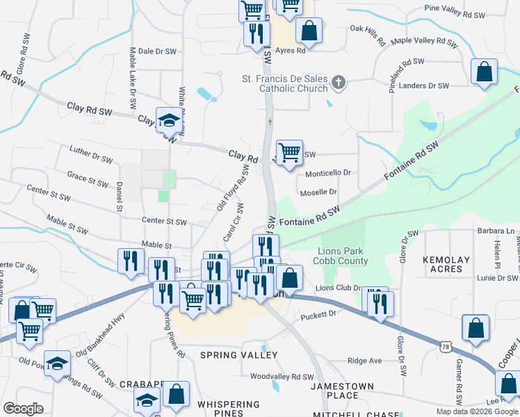 map of restaurants, bars, coffee shops, grocery stores, and more near 5392 Floyd Road Southwest in Mableton