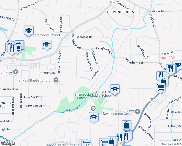 map of restaurants, bars, coffee shops, grocery stores, and more near 1436 Diamond Head Drive in Decatur