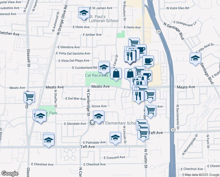 map of restaurants, bars, coffee shops, grocery stores, and more near 1210 East Meats Avenue in Orange