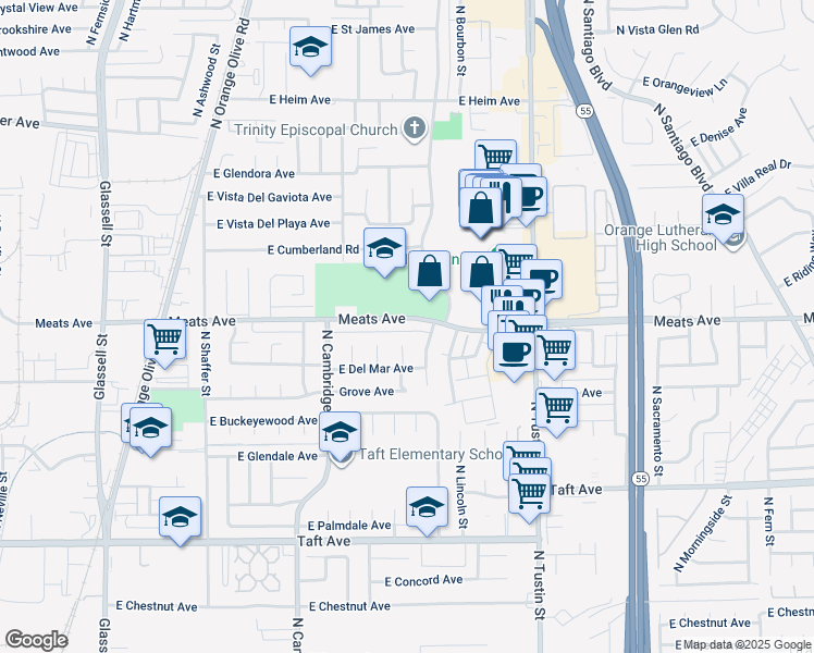 map of restaurants, bars, coffee shops, grocery stores, and more near 1210 East Meats Avenue in Orange