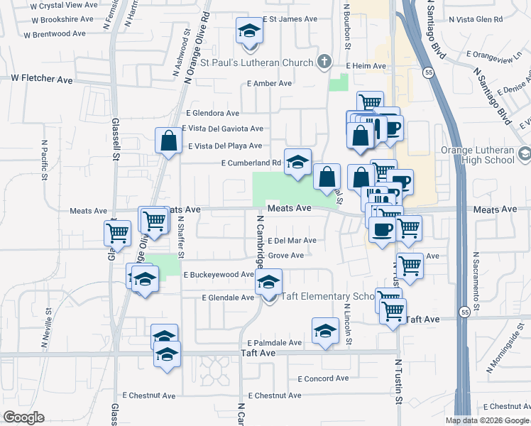map of restaurants, bars, coffee shops, grocery stores, and more near 841 East Meats Avenue in Orange