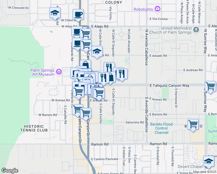 map of restaurants, bars, coffee shops, grocery stores, and more near 480 East Tahquitz Canyon Way in Palm Springs