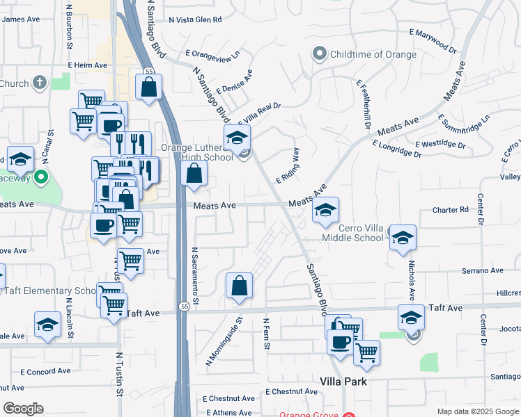 map of restaurants, bars, coffee shops, grocery stores, and more near 2086 North Mori Lane in Orange