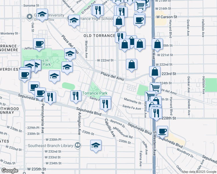 map of restaurants, bars, coffee shops, grocery stores, and more near 2412 Andreo Avenue in Torrance