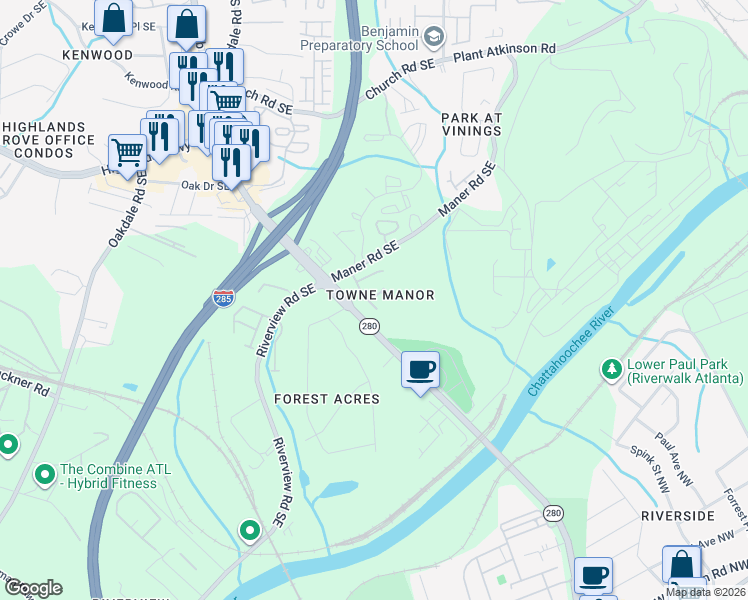 map of restaurants, bars, coffee shops, grocery stores, and more near 5145 Manerdale Drive Southeast in Atlanta