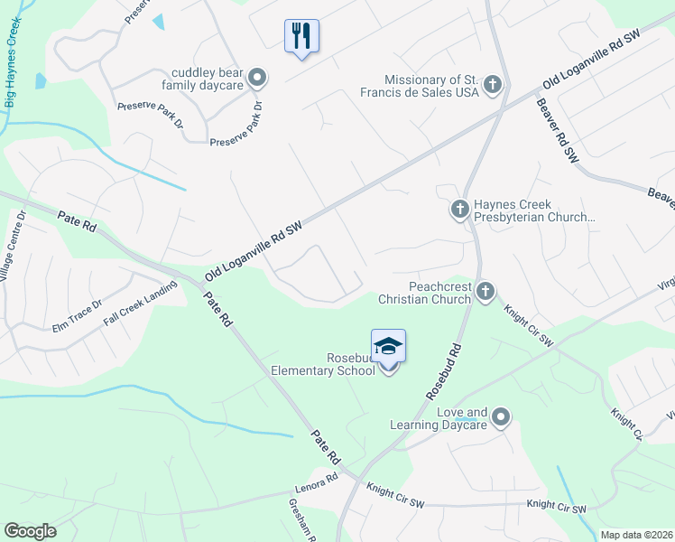 map of restaurants, bars, coffee shops, grocery stores, and more near 1785 Logan Ridge Circle in Loganville