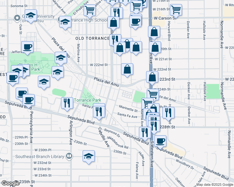 map of restaurants, bars, coffee shops, grocery stores, and more near 2419 Border Avenue in Torrance