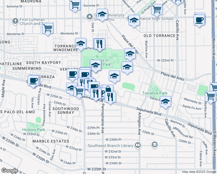 map of restaurants, bars, coffee shops, grocery stores, and more near 2333 Santa Fe Avenue in Torrance