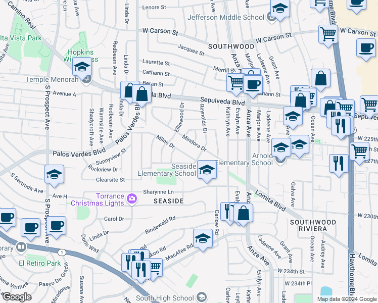 map of restaurants, bars, coffee shops, grocery stores, and more near 4727 Milne Drive in Torrance