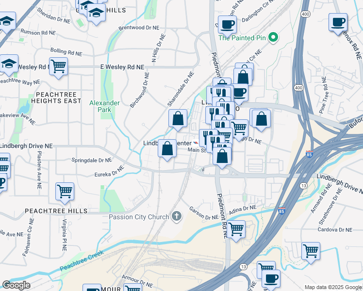map of restaurants, bars, coffee shops, grocery stores, and more near in Atlanta