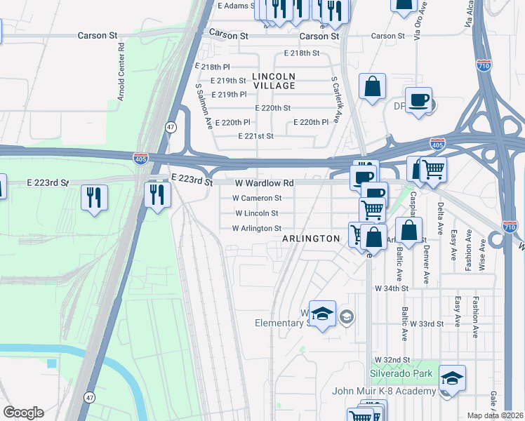 map of restaurants, bars, coffee shops, grocery stores, and more near 2239 West Lincoln Street in Long Beach
