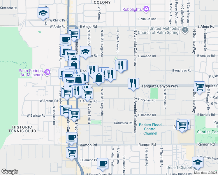 map of restaurants, bars, coffee shops, grocery stores, and more near 777 East Tahquitz Canyon Way in Palm Springs