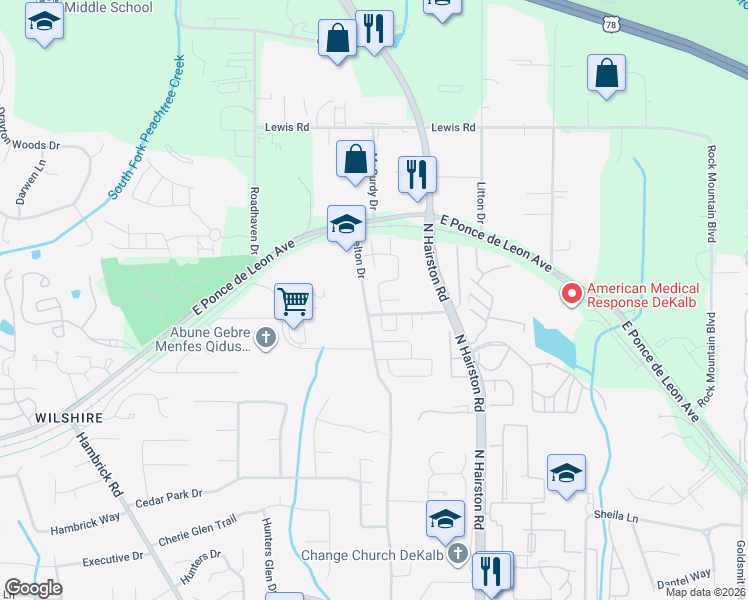 map of restaurants, bars, coffee shops, grocery stores, and more near 1445 Inverness Drive in Stone Mountain