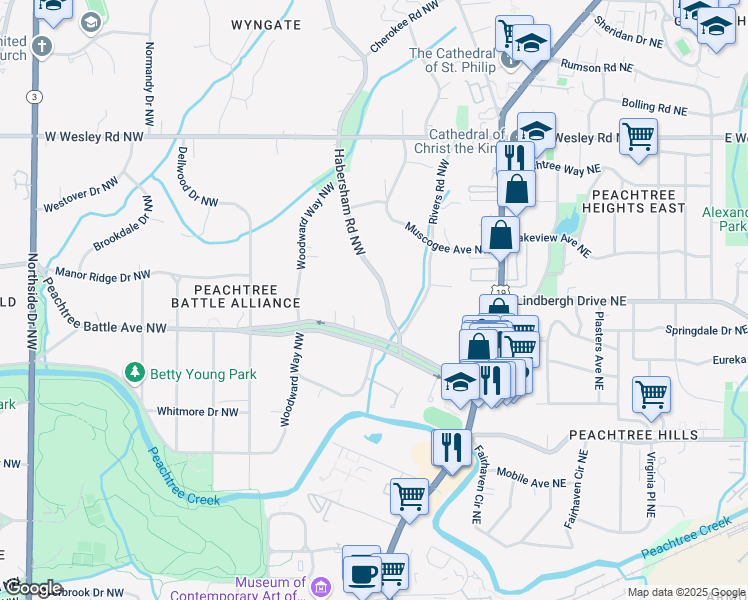 map of restaurants, bars, coffee shops, grocery stores, and more near 2522 Habersham Road Northwest in Atlanta