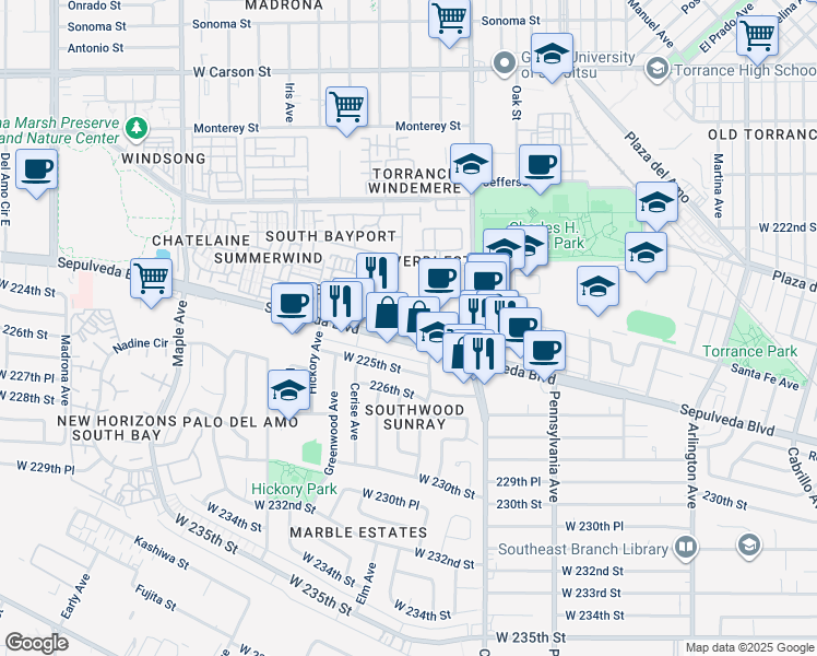 map of restaurants, bars, coffee shops, grocery stores, and more near 2605 Sepulveda Boulevard in Torrance