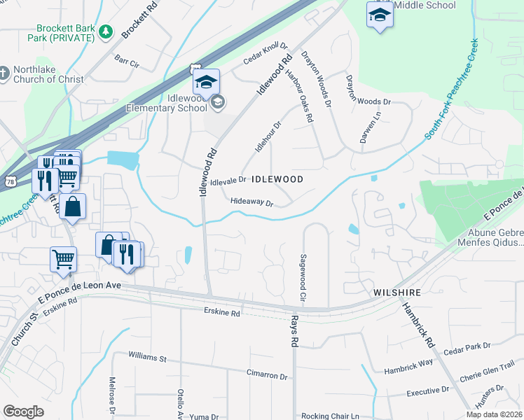 map of restaurants, bars, coffee shops, grocery stores, and more near 4144 Hideaway Drive in Tucker