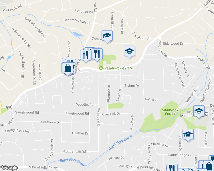 map of restaurants, bars, coffee shops, grocery stores, and more near 1448 Altamont Drive in Decatur