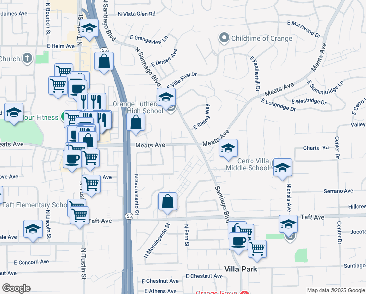 map of restaurants, bars, coffee shops, grocery stores, and more near 2086 North Mori Lane in Orange