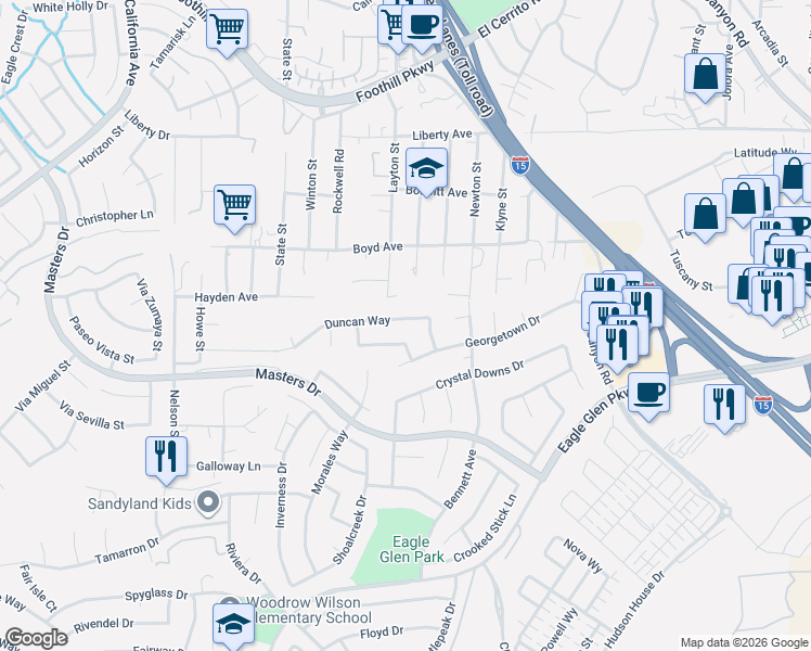 map of restaurants, bars, coffee shops, grocery stores, and more near 1878 Duncan Way in Corona