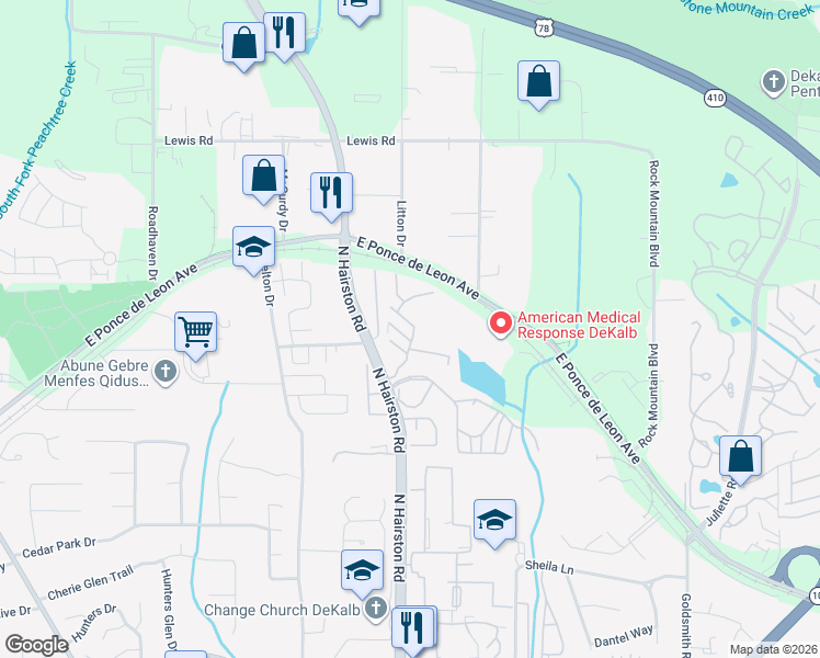 map of restaurants, bars, coffee shops, grocery stores, and more near 200 Summit Lake Drive in Stone Mountain