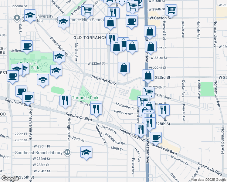 map of restaurants, bars, coffee shops, grocery stores, and more near 2419 Border Avenue in Torrance