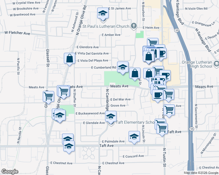 map of restaurants, bars, coffee shops, grocery stores, and more near 841 East Meats Avenue in Orange
