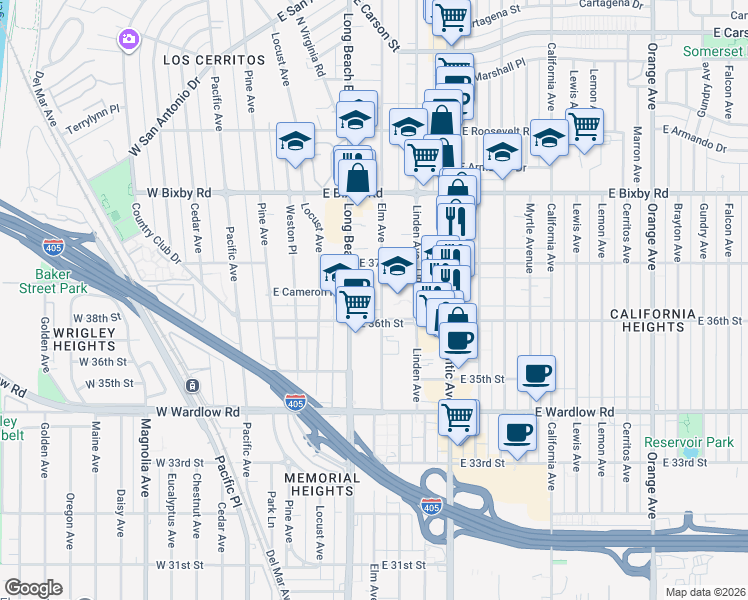 map of restaurants, bars, coffee shops, grocery stores, and more near 3615 Elm Avenue in Long Beach