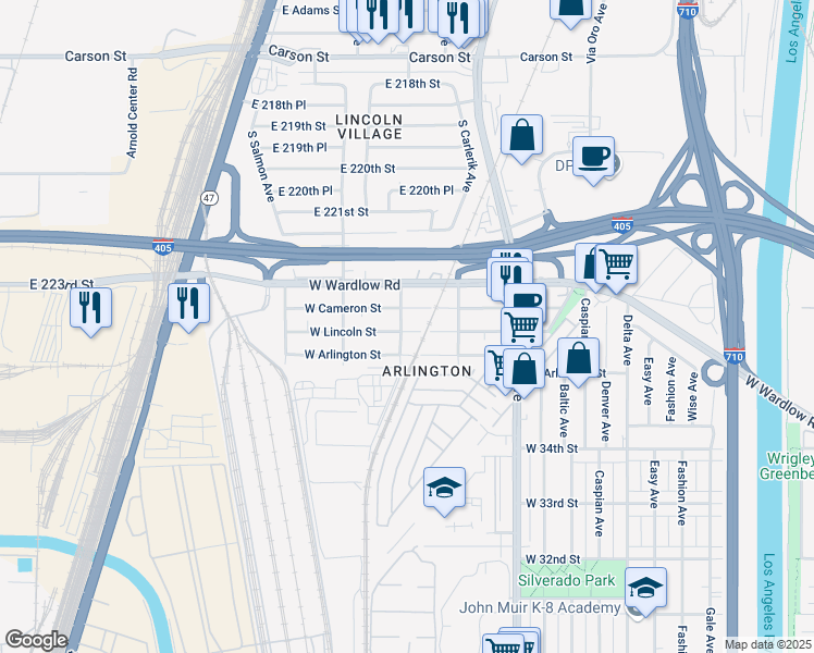 map of restaurants, bars, coffee shops, grocery stores, and more near 2021 West Cameron Street in Long Beach
