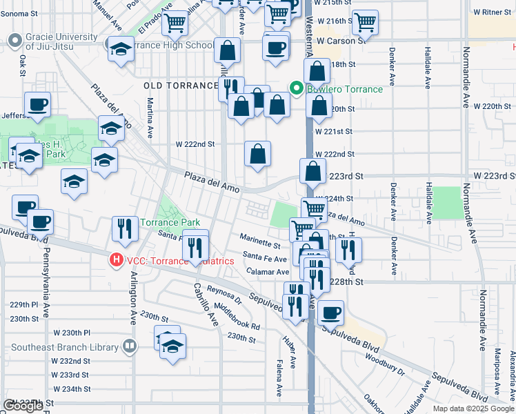 map of restaurants, bars, coffee shops, grocery stores, and more near 1812 Plaza del Amo in Torrance