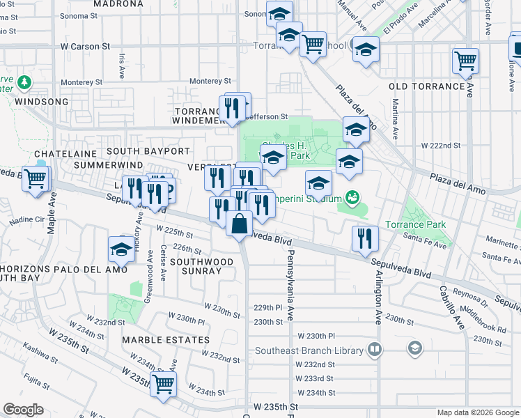 map of restaurants, bars, coffee shops, grocery stores, and more near 2439 Santa Fe Avenue in Torrance
