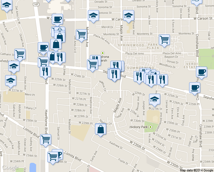 map of restaurants, bars, coffee shops, grocery stores, and more near 22555 Nadine Circle in Torrance