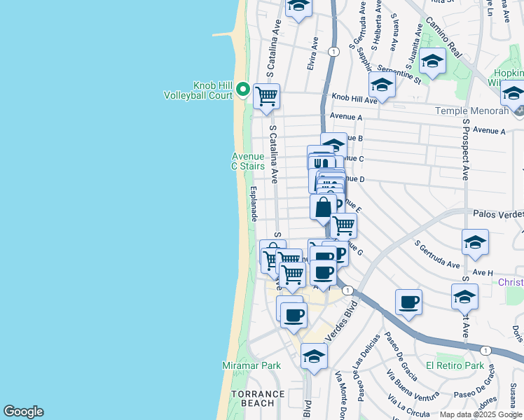 map of restaurants, bars, coffee shops, grocery stores, and more near 125 Avenue E in Redondo Beach
