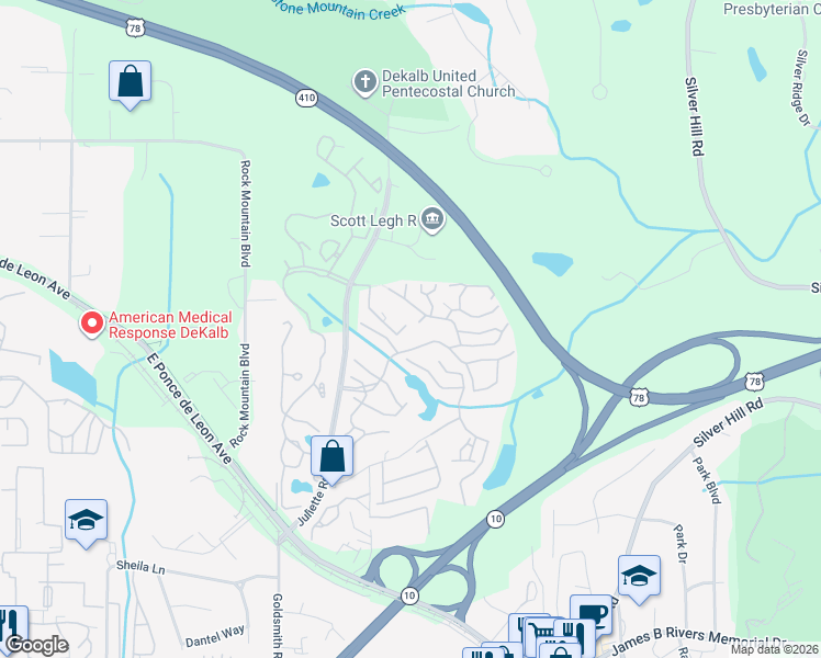 map of restaurants, bars, coffee shops, grocery stores, and more near 1405 Stone Mill Trce in Stone Mountain