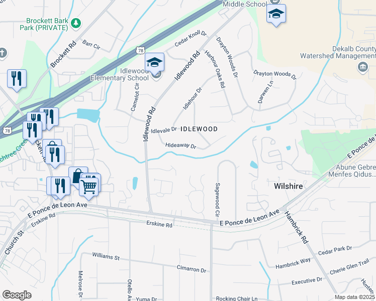 map of restaurants, bars, coffee shops, grocery stores, and more near 4144 Hideaway Drive in Tucker