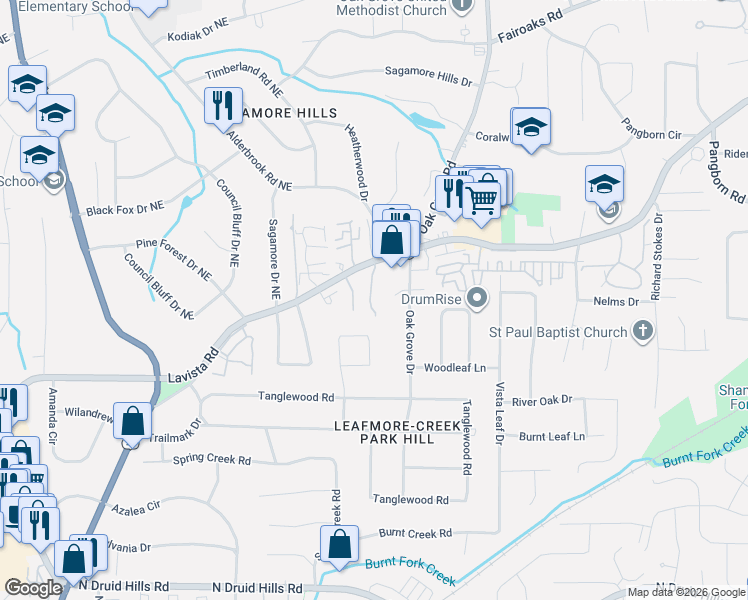 map of restaurants, bars, coffee shops, grocery stores, and more near 2330 Oakshire Court in Decatur