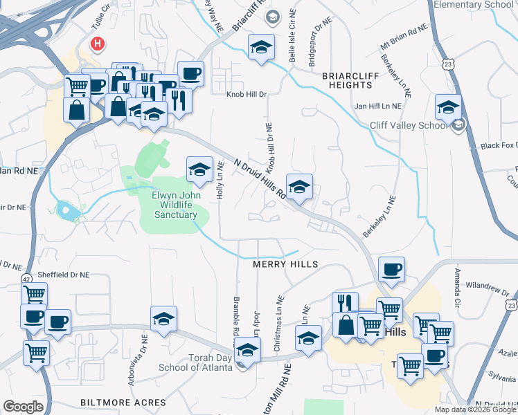map of restaurants, bars, coffee shops, grocery stores, and more near 2573 North Druid Hills Road in Atlanta